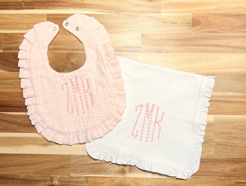 Personalized Baby Girl Bib and Burp Cloth Set, Baby Shower Gift, Baby Girl Monogrammed Bib, Ruffle Bib image 2