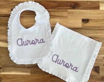 Personalized Baby Girl Bib and Burp Cloth Set, Baby Shower Gift, Baby Girl Monogrammed Bib, Ruffle Bib