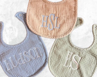 Personalized Baby Bib, Baby Shower Gift, Muslin Cotton Bib, Baby Boy Monogrammed Bib, Baby Girl Monogrammed Bib, Embroidered Baby Bib