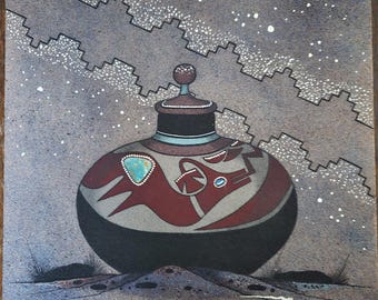 Malowanie piaskiem Edwina Morgana, Edwin Morgan, Sztuka Navajo, Sztuka piaskowa, Sztuka południowo-zachodnia, Bez ramy, z turkusem