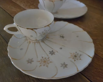 Può includere: Un set di tazza e piattino in porcellana bianca con un motivo a fiocco di neve dorato. Il piattino è un piatto più grande e a forma di conchiglia con un centro rialzato per la tazza.