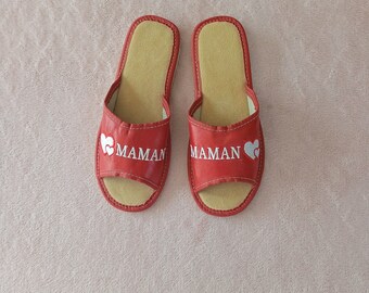 Women's Natural Leather Slippers - MAMAN Embroidery - Slippers - Mules - Gift Idea - Handmade