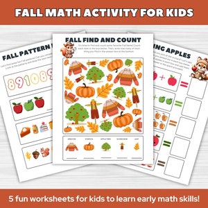 Fall Math Worksheets | Preschool Printable Math Activity | Counting, Adding, Subtracting, Patterns Math Activities | Fall Printable