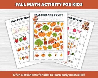 Fall Math Worksheets | Preschool Printable Math Activity | Counting, Adding, Subtracting, Patterns Math Activities | Fall Printable