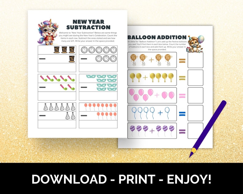 Happy New Year Math Worksheets for Kids, Printable Preschool Math ...