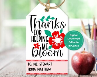 Teacher Gift Tag, Thank You Teacher Printable Tag, Teacher Appreciation Gift Tag, Editable Bloom Teacher Tag for Staff Appreciation