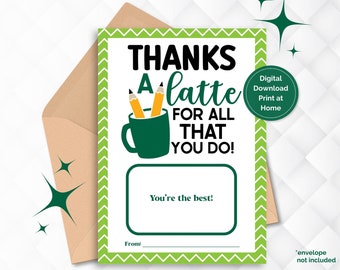 Teacher Appreciation Gift Card Holder, Thanks A Latte Gift Card Holder, Printable Teacher Thank You Card, Teacher Appreciation Week Gift