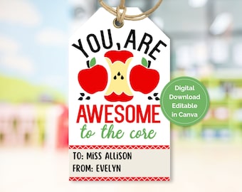 Editable Teacher Appreciation Tag, Printable Apple Gift Tag for Teacher, Teacher Appreciation Week Thank You Tag, End of School Thank You