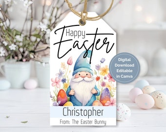 Printable Easter Basket Tag | Editable Easter Basket Name Tag | Gnome Easter Tag for Kids Easter Basket | Easter Printable Gift Tag
