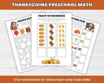 Thanksgiving Preschool Math Worksheets | Educational Printable | Pre-K and Kindergarten Math Activities | Learning Binder Printables