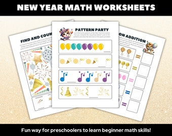 Happy New Year Math Worksheets for Kids, Printable Preschool Math Activity, Kids New Year's Eve Activity, Preschool Addition Worksheets