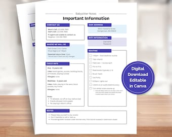 Babysitter Notes Template | Printable Emergency Contact Info | Editable Babysitter Information Sheet | Template for Babysitter Instructions