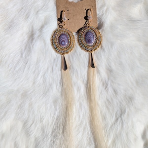 Handcrafted Wampum Shell Earrings with Horsehair Fringe and Gold Plating