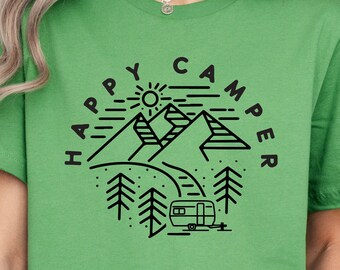 Happy Camper Tee Shirt, Camping Tee Shirt, Camp Scene Tee Shirt