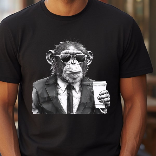 Business Monkey Coffee T-Shirt, Monkey in Suit drinking Coffee, Coffee Shirt, Morning needs Coffee Tee