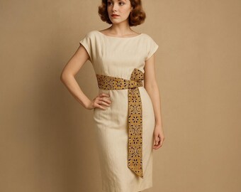 Mr Mort Vintage 1960s Ivory Gold Embroidered Sheath Dress Sz 12 Modern Sz 4/6