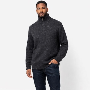 Eddie Bauer Men  Zip Donegal Wool Sweater L Navy Speckled Knit Classic Heritage