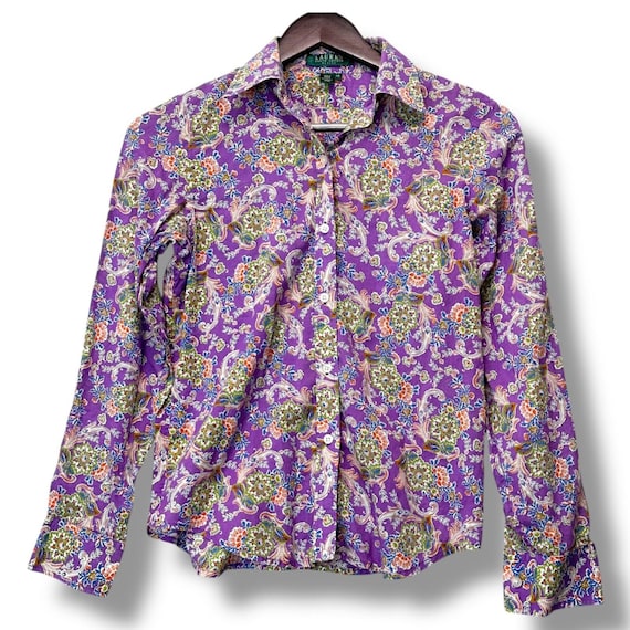 Vtg Lauren Ralph Lauren Petite Purple Paisley Shirt 100% Cotton P