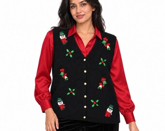 Chaleco de punto navideño vintage Crystal Kobe para mujer, talla XL, bordado con muñeco de nieve.