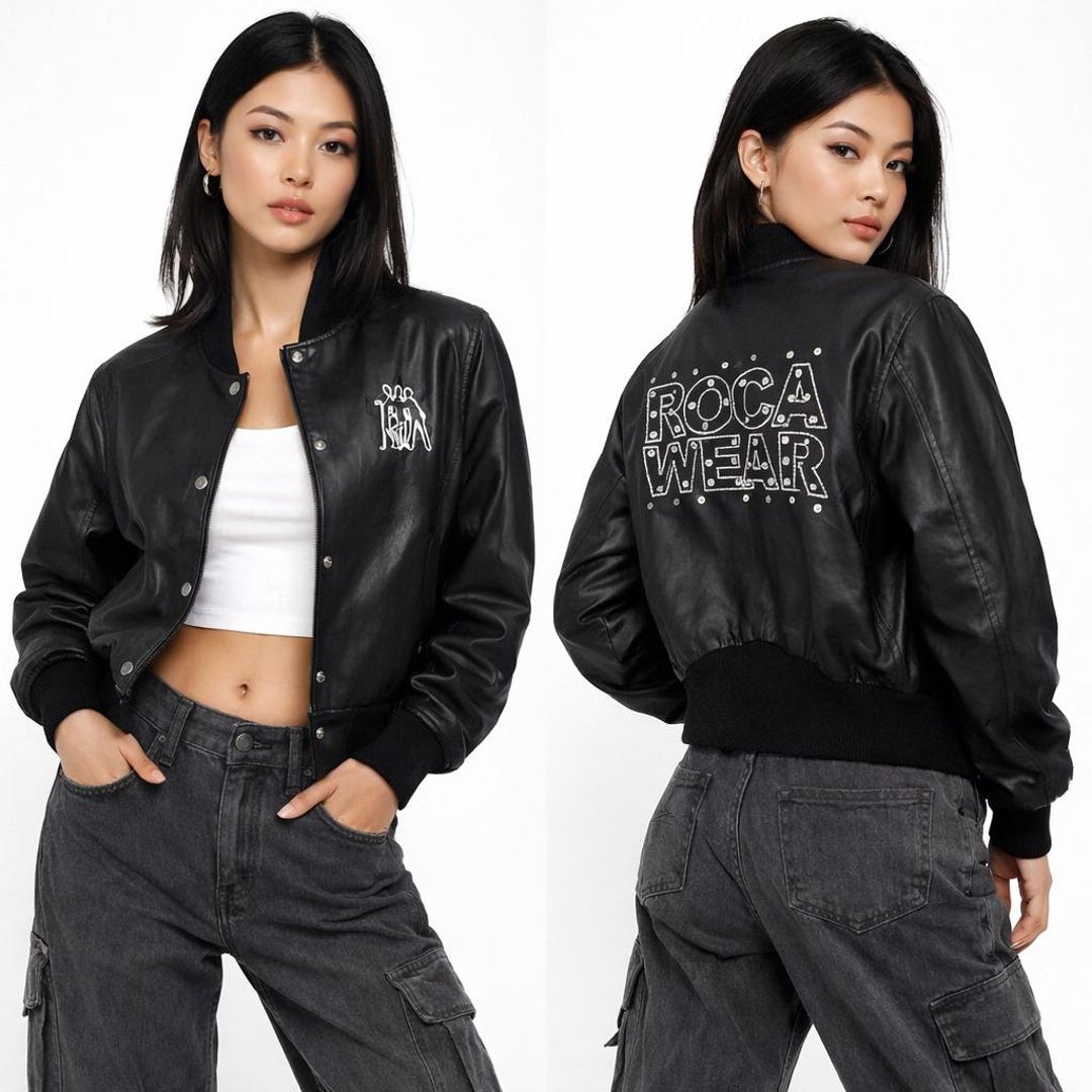 【XXL】ROCAWEAR ナイロンMA-1 90s Y2K B系オーバーサイズ Vtg Y2K Rocawear Bomber Jacket XL Black Real Leather Studded