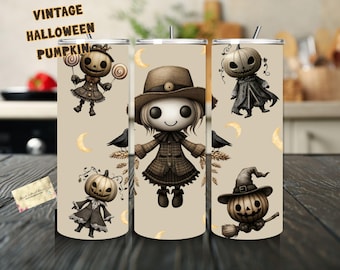 Adesivo para copo térmico com boneca de abóbora, design assustador de Halloween (PNG, PDF), download digital para as festas de fim de ano com tema de menina assustadora