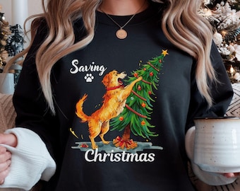 Cachorrinho engraçado de Natal PNG, Salvando a árvore de Natal (Download digital), Cachorro hiperestimulado PNG (Sublimação)