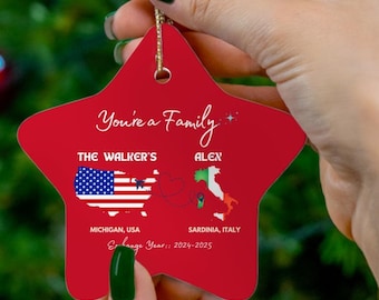Personalized Keepsake ornament for Exchange Students/au pair/intl students, Two Countries Ornament, Christmas Gift, Ceramic 4 shapes
