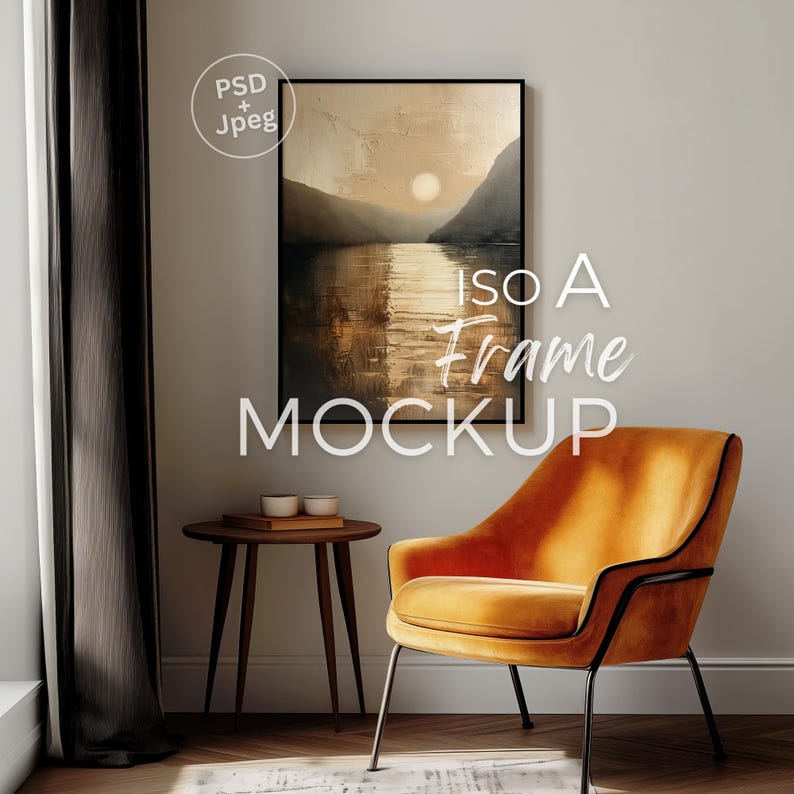 Black Vertical Frame Mockup, DIN A Ratio Midcentury Modern Living Room