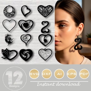 May include: A collection of 12 black heart-shaped designs, including a pair of earrings, with various patterns and styles. The designs are displayed on a light gray background, with the words "Instant download" at the bottom.