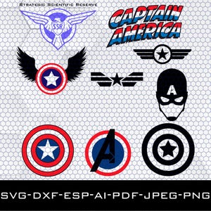 Pode incluir: Um conjunto de arquivos de corte digital com designs temáticos do Capitão América. Os designs incluem o escudo do Capitão América, um escudo alado, uma estrela e as palavras "Capitão América".