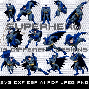 Pacote de ilustração vetorial de morcego, super-herói, design, desenho, svg, dxf, png, jpeg, esp, pdf, ai, clipart, silhueta, adesivo, opressão, em camadas