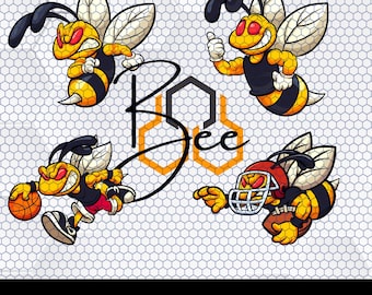May include: Four cartoon bees with different sports themes. One bee is playing basketball, another is playing football, another is giving a thumbs up, and the last bee is holding a basketball. The word "Bee" is written in a stylized font with a honeycomb pattern.