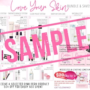 Może przedstawiać: Różowa i biała ulotka reklamowa produktów kosmetycznych Mary Kay. Ulotka prezentuje różnorodne produkty, w tym kosmetyki do pielęgnacji skóry, makijaż i perfumy. Ulotka zawiera również specjalną ofertę na bezpłatną torbę typu roll-up przy zakupie kolekcji Cadillac, Queen lub Princess. Ulotka zawiera również specjalną ofertę 20 zł zniżki przy zakupie produktu Glow for It!