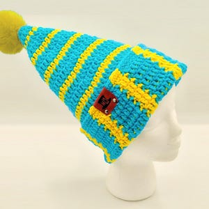 Clown Hat with Pom Pom, Handmade Crochet Pointed Beanie, Striped Stocking Cap, Knit Elf Beanie, Santa Hat, Cosplay Wizard Cap, Foldable Brim