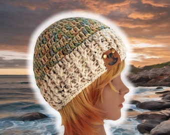Custom Fitted Skull Cap, Large Ribbed Brim Hat, Rib-Knit Cuffed Toque, Handmade Crochet, Unisex BOHO Hiking Snowboarding Beanie, BEACH CAMO