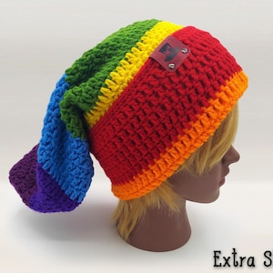 7 CHAKRAS INSPIRED COLORFUL BEANIE WITH EXTRA SLOUCH - pointed beanie with brim unfolded showing its long length and pixie shaped back part. Beanie can be adjusted to any height, slouch length, you can change the colors, the style, even change the brim type from foldable to ribbed.  make this beanie fit your style!  make general customizations free of charge!  Add pom poms, hand made embroidered patches, tassels, buttons, add your name, anything you want for your very own custom hat.