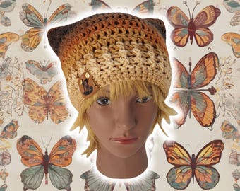 Custom Kitten Beanie w Ribbed Brim, Lightweight Fitted Cap, Handmade Crochet, Knit Cat Eared Hat w Small Ears, Knit Summer Beanie, BROWN TAN