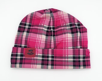 Thin Summer Slouch Beanie Hat, Light Flannel Slouchy Hat, Foldable Brim, Lightweight Flannel Beanie, Unisex Jersey Knit Cap, Pink Plaid Tam