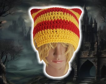 Custom Kitten Beanie, Lightweight Fitted Cat Eared Cap, Handmade Crochet, Knit Cat Eared Hat with Small Ears, Knit Summer Beanie, RED YELLOW