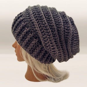 Charcoal Gray Slouchy Crochet Beanie: Unisex Knit Boho Bonnet, Textured Layers with Ribbed Brim, Extra Baggy Oversized, Wool, Hemp, Cotton