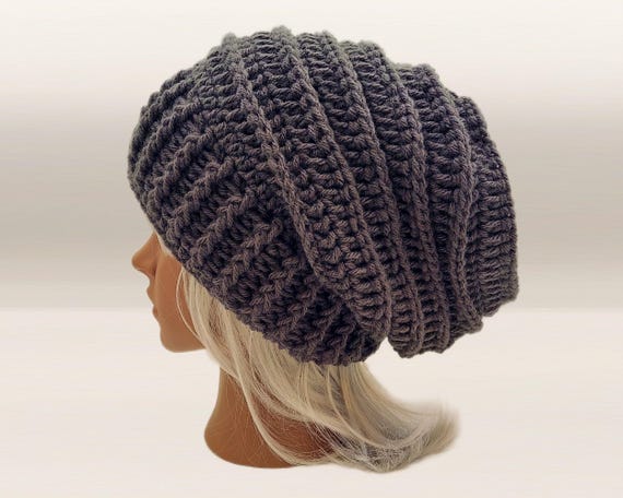 Charcoal Gray Slouchy Crochet Beanie: Unisex Knit Boho Bonnet, Textured Layers with Ribbed Brim, Extra Baggy Oversized, Wool, Hemp, Cotton
