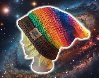 Droopy Box Beanie, Custom Slouch Beanie, Hand Crocheted Knit Tam, Baggy Stocking Cap, Jester Beanie, UNISEX BOHO Rainbow Hat w Foldable Brim