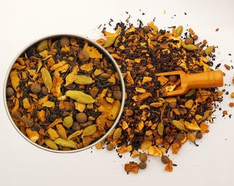 Sunfire Chai Black Tea: pittige bloemige sinaasappelpekoe en chai masala losse bladmix, natuurlijk cafeïne, gedurfde Awakening Tea Blend