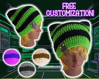 Custom Kitten Beanie, Lightweight Fitted Cat Ear Cap, Handmade Crochet, Striped Cat Eared Hat w Small Ears, Knit Gamer Beanie, GREEN BLACK