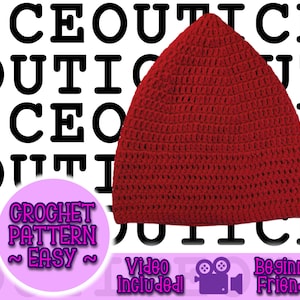 May include: A red crocheted beanie hat. The image includes text that says "CROCHET PATTERN ~ EASY ~ Video Included! Beginner Friendly". The background has the words "ICEOUTICE OUTICE ICEO OUTI" in black.