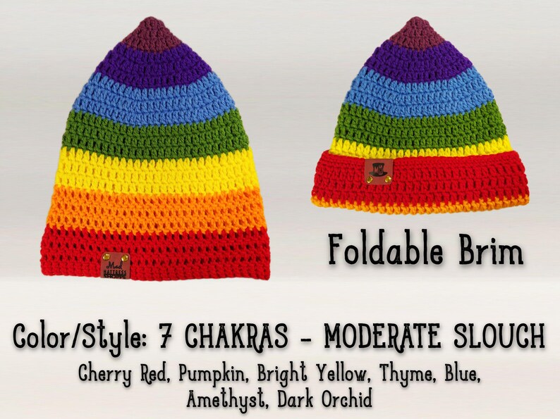 IMAGE SHOWS HAT LAID FLAT WITH BRIM FOLDED AND UNFOLDED
IMAGE READS: "FOLDABLE BRIM"
"COLOR/STYLE: 7 CHAKRAS - MODERATE SLOUCH, Cherry Red, Pumpkin, Bright Yellow, Thyme, Blue, Amethyst, Dark Orchid