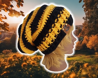 Slouchy Beehive Bonnet Beanie, Custom Made Crochet Unisex Knit Boho Beanie, Textured Ribbed Patchwork Beanie, XL Hippy Brimmed, BLACK/YELLOW