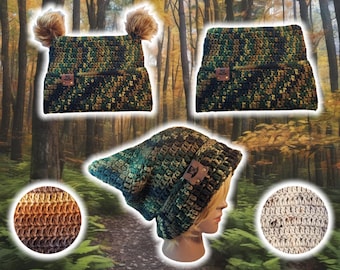 Droopy Box Beanie, Custom Slouch Beanie, Hand Crocheted Knit Tam, Baggy Dread Cap, Big Slouch Camo Beanie, UNISEX BOHO Cat Hat Foldable Brim