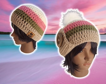 Custom Fitted Skull Cap, Striped Beanie w Button Strap Embellishment, Handmade Crochet, Unisex BOHO Hiking Snowboarding Beanie, PINK OLIVE