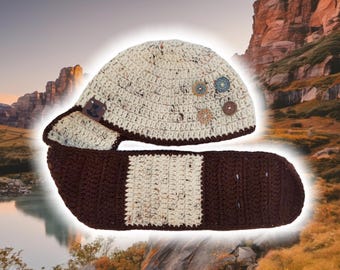 Headwrap Scarf Beanie, Hand Crocheted Buttoned Cowl, Custom Made Unisex Skully w Neck Warp, BOHO Hippy Knit Beanie, Flecked Cream w Coffee